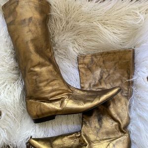 SOLD- Gold Leather Pointed Toe Boots - Flat 9.5
